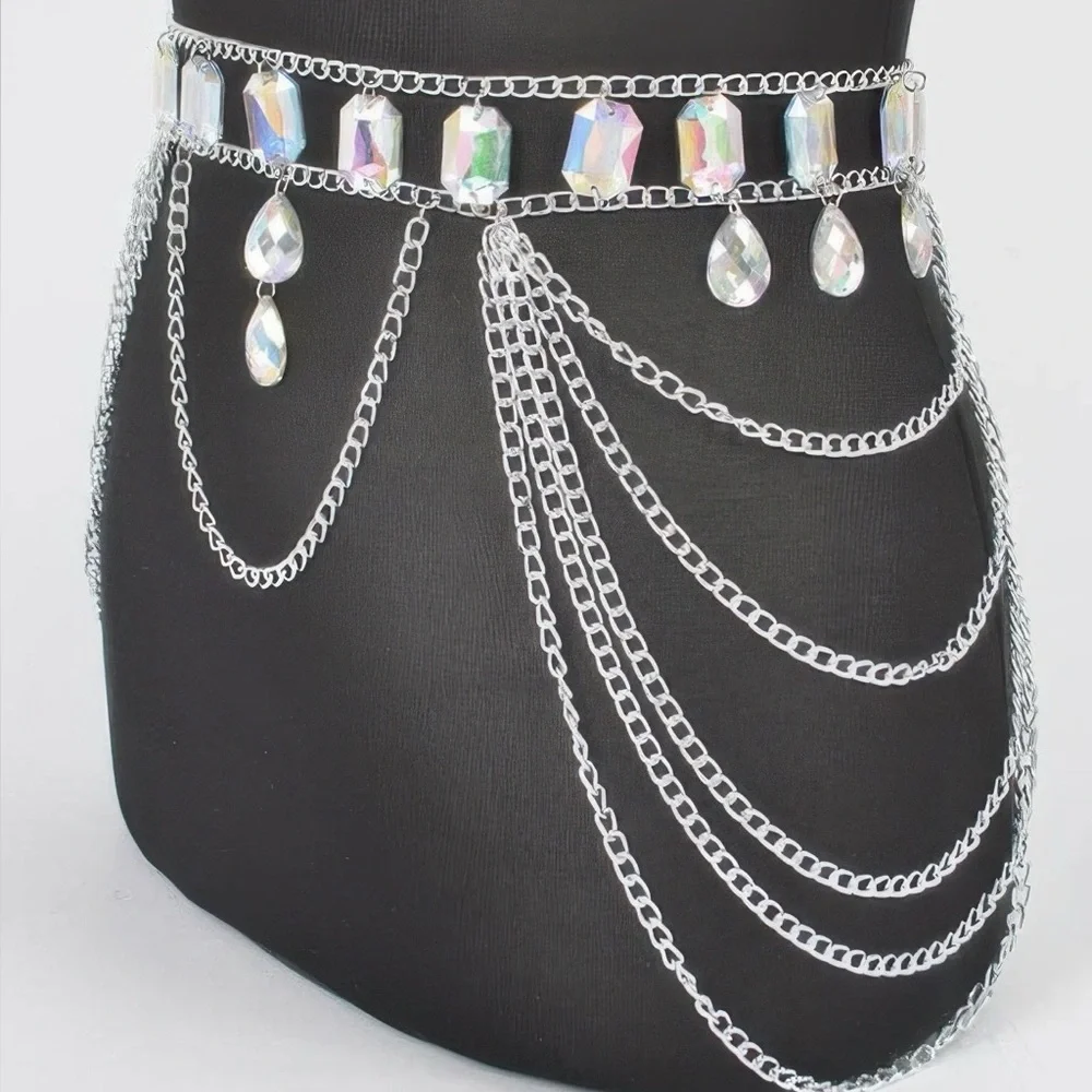 Metal Layered Chain Belt W/acrylic Stone